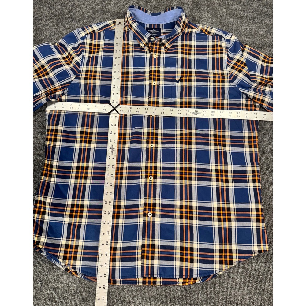 American Eagle Mens XXL Classic Fit Plaid Button Down Shirt Navy Blue Orange - Picture 4 of 6